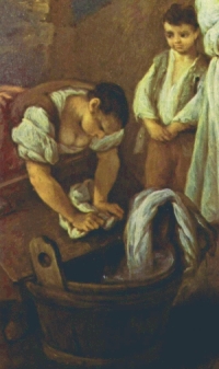 washerwoman scrubbing on board propped on tub